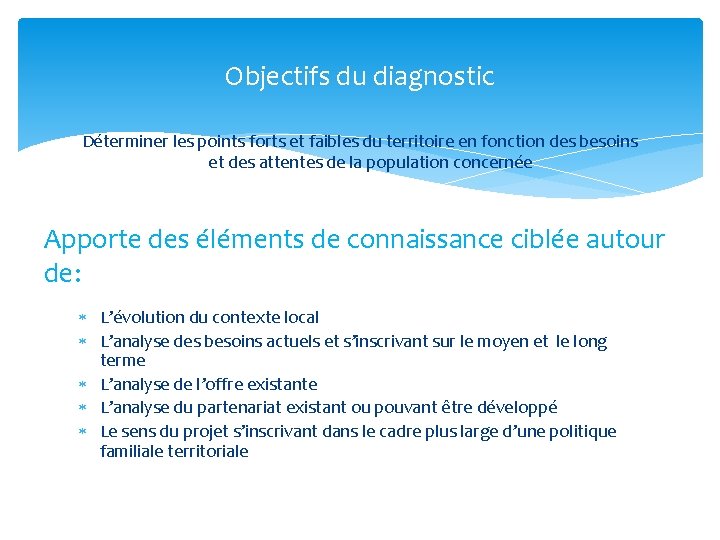 Objectifs du diagnostic Déterminer les points forts et faibles du territoire en fonction des