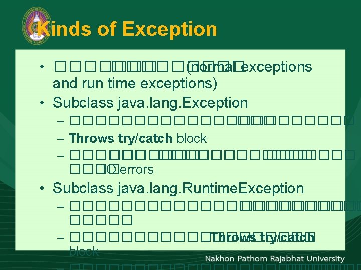 Kinds of Exception • ��������� (normal exceptions and run time exceptions) • Subclass java.