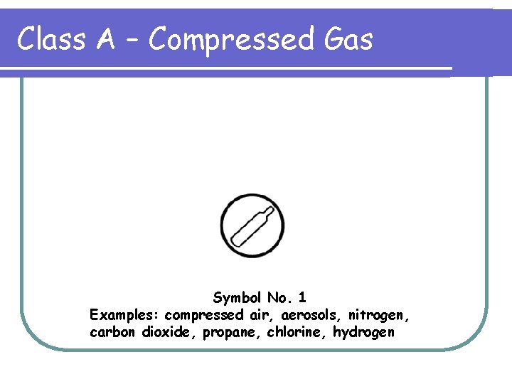 Class A – Compressed Gas Symbol No. 1 Examples: compressed air, aerosols, nitrogen, carbon