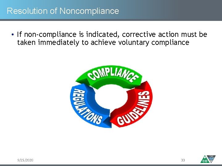 Resolution of Noncompliance • If non-compliance is indicated, corrective action must be taken immediately