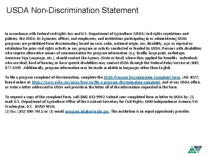 USDA Non-Discrimination Statement In accordance with Federal civil rights law and U. S. Department