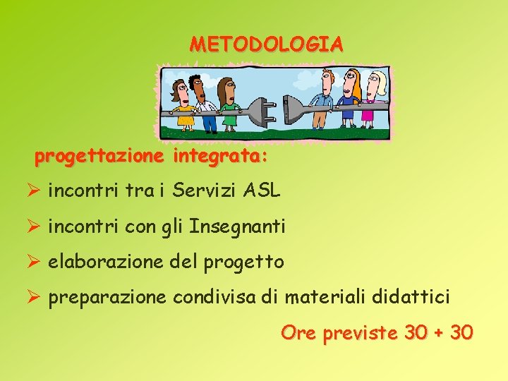 METODOLOGIA progettazione integrata: Ø incontri tra i Servizi ASL Ø incontri con gli Insegnanti