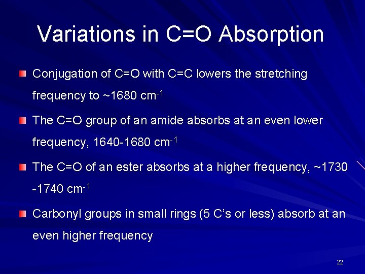 Variations in C=O Absorption Conjugation of C=O with C=C lowers the stretching frequency to