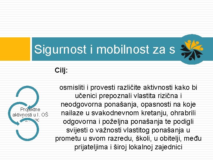 Sigurnost i mobilnost za sve Cilj: Projektne aktivnosti u I. OŠ Čakovec osmisliti i