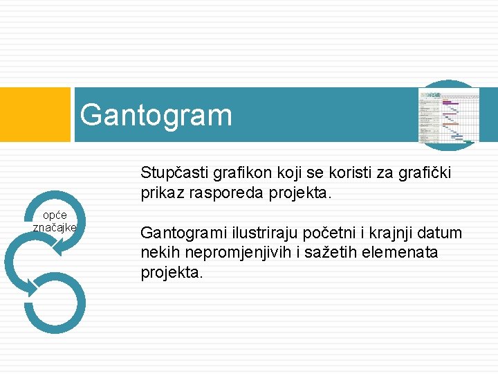 Gantogram Stupčasti grafikon koji se koristi za grafički prikaz rasporeda projekta. opće značajke Gantogrami