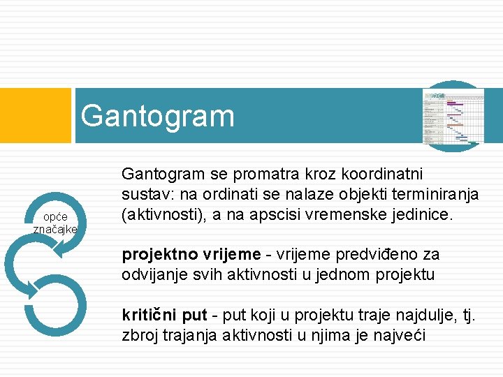 Gantogram opće značajke Gantogram se promatra kroz koordinatni sustav: na ordinati se nalaze objekti