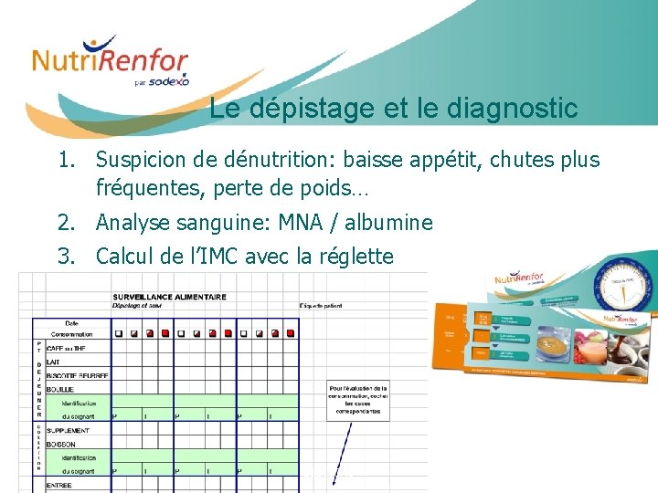 Le dépistage et le diagnostic 1. Suspicion de dénutrition: baisse appétit, chutes plus fréquentes,