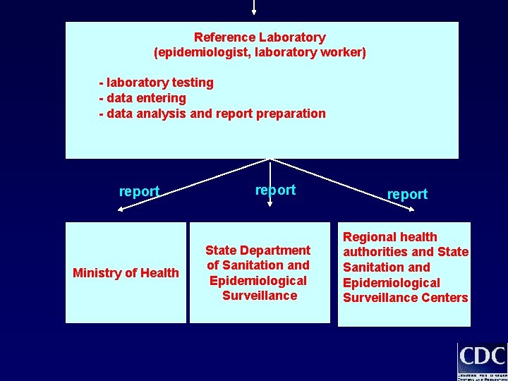 Reference Laboratory (epidemiologist, laboratory worker) - laboratory testing - data entering - data analysis Reference Laboratory (epidemiologist, laboratory worker) - laboratory testing - data entering - data analysis