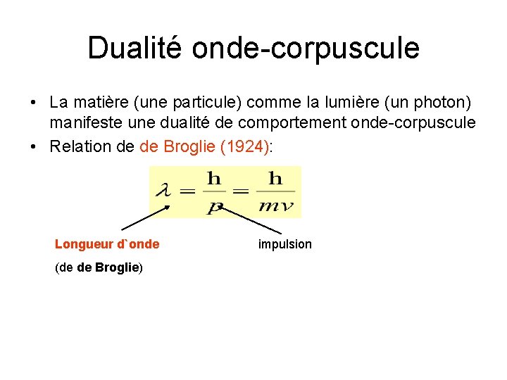 Dualité onde-corpuscule • La matière (une particule) comme la lumière (un photon) manifeste une