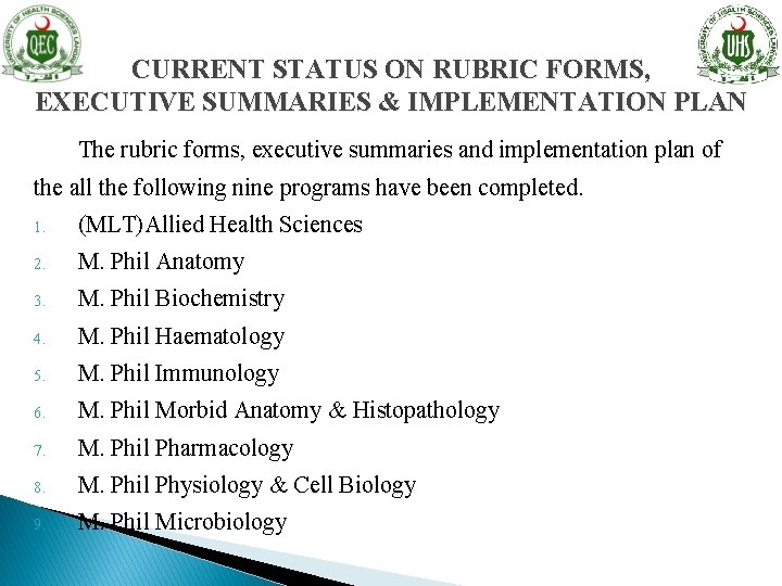 CURRENT STATUS ON RUBRIC FORMS, EXECUTIVE SUMMARIES & IMPLEMENTATION PLAN The rubric forms, executive