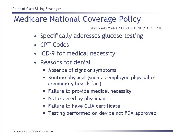 Point of Care Billing Strategies Medicare National Coverage Policy Federal Register March 10, 2000