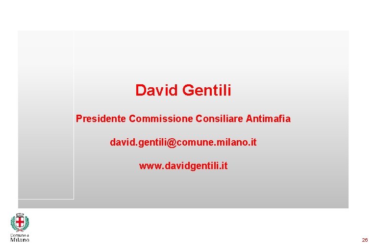 David Gentili Presidente Commissione Consiliare Antimafia david. gentili@comune. milano. it www. davidgentili. it 26