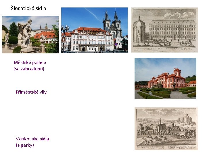 Šlechtická sídla Městské paláce (se zahradami) Příměstské vily Venkovská sídla (s parky) 