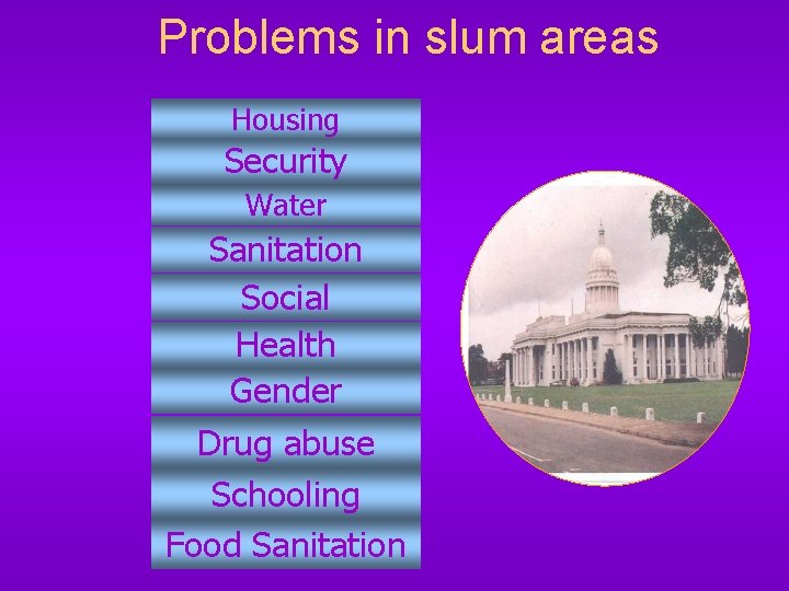 Problems in slum areas Housing Security Water Sanitation Social Health Gender Drug abuse Schooling