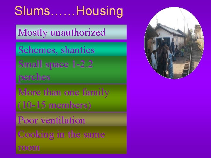 Slums……Housing Mostly unauthorized Schemes, shanties Small space 1 -2. 2 perches More than one