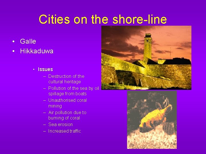 Cities on the shore-line • Galle • Hikkaduwa • Issues – Destruction of the