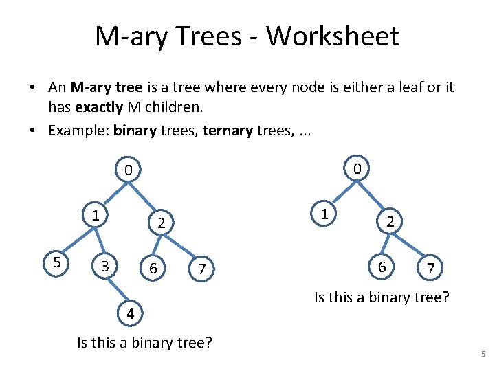 M-ary Trees - Worksheet • An M-ary tree is a tree where every node