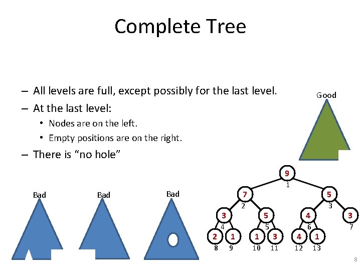 Complete Tree – All levels are full, except possibly for the last level. –