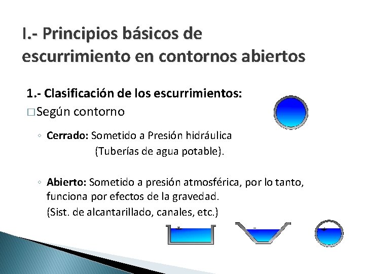 I. - Principios básicos de escurrimiento en contornos abiertos 1. - Clasificación de los