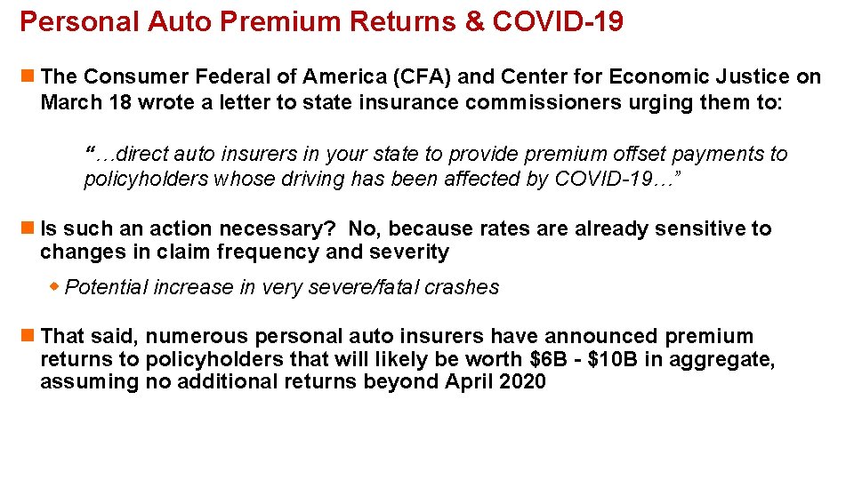 Personal Auto Premium Returns & COVID-19 n The Consumer Federal of America (CFA) and