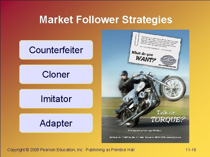 Market Follower Strategies Counterfeiter Cloner Imitator Adapter Copyright © 2009 Pearson Education, Inc. Publishing