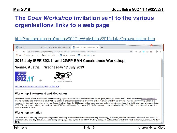 Mar 2019 doc. : IEEE 802. 11 -19/0232 r 1 The Coex Workshop invitation