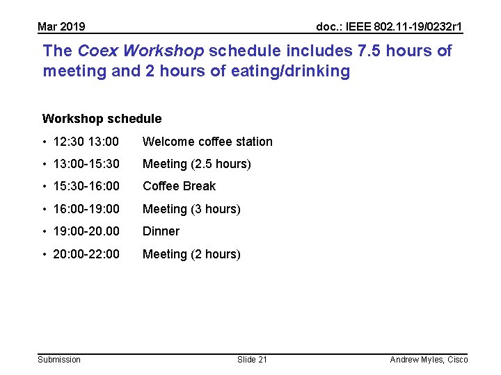 Mar 2019 doc. : IEEE 802. 11 -19/0232 r 1 The Coex Workshop schedule