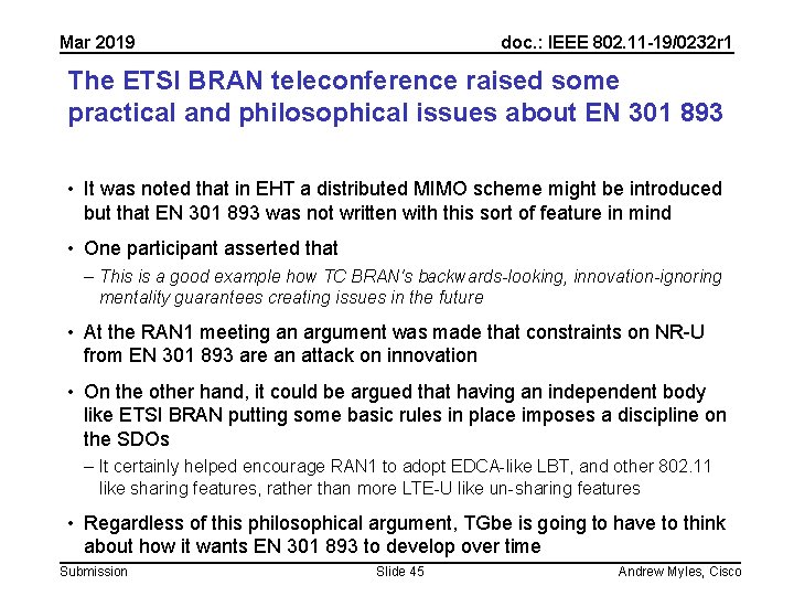 Mar 2019 doc. : IEEE 802. 11 -19/0232 r 1 The ETSI BRAN teleconference