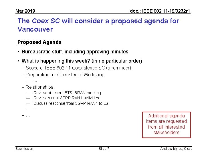 Mar 2019 doc. : IEEE 802. 11 -19/0232 r 1 The Coex SC will