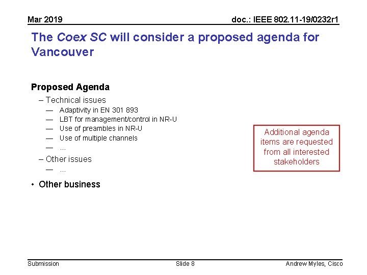 Mar 2019 doc. : IEEE 802. 11 -19/0232 r 1 The Coex SC will