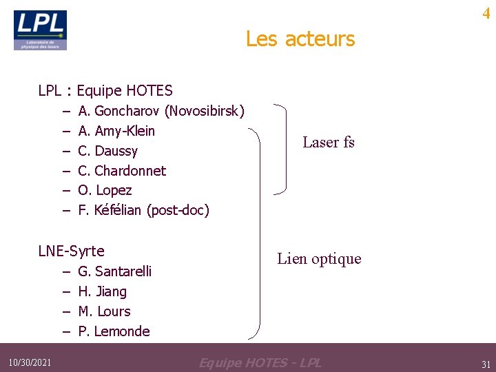 4 Les acteurs LPL : Equipe HOTES – – – A. Goncharov (Novosibirsk) A. 4 Les acteurs LPL : Equipe HOTES – – – A. Goncharov (Novosibirsk) A.