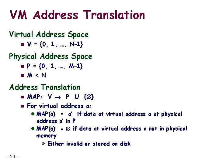 VM Address Translation Virtual Address Space n V = {0, 1, …, N– 1}