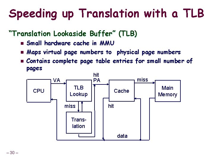 Speeding up Translation with a TLB “Translation Lookaside Buffer” (TLB) n n n Small