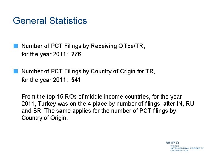 General Statistics Number of PCT Filings by Receiving Office/TR, for the year 2011: 276