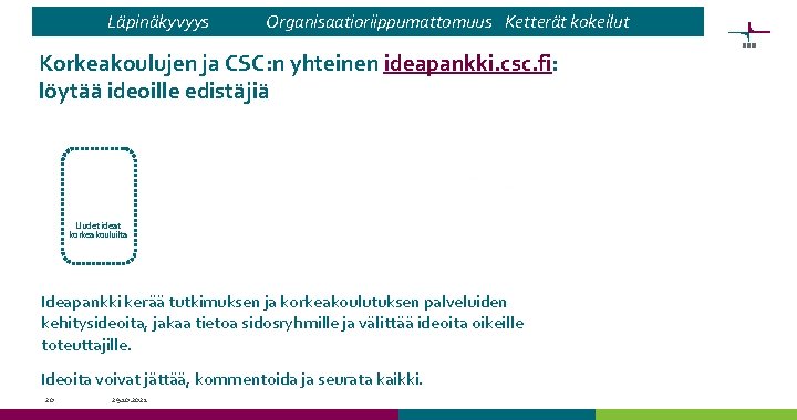 Läpinäkyvyys Organisaatioriippumattomuus Ketterät kokeilut Korkeakoulujen ja CSC: n yhteinen ideapankki. csc. fi: löytää ideoille