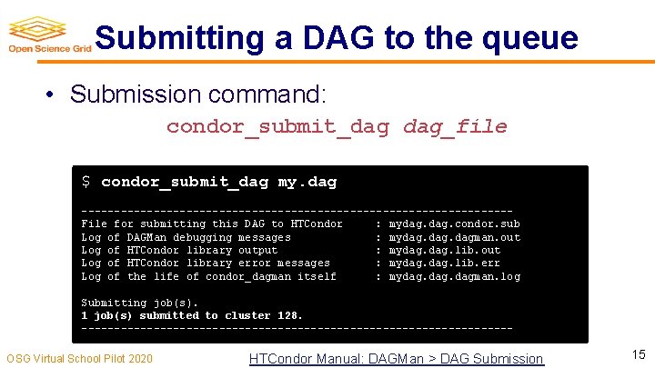 Submitting a DAG to the queue • Submission command: condor_submit_dag dag_file $ condor_submit_dag my.