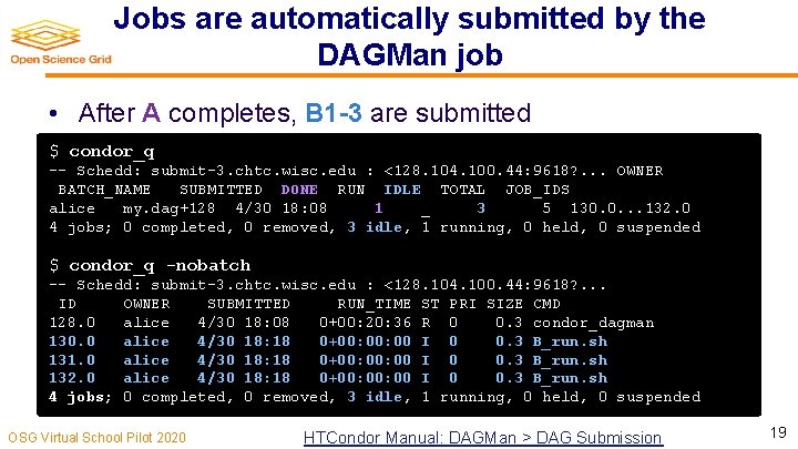 Jobs are automatically submitted by the DAGMan job • After A completes, B 1