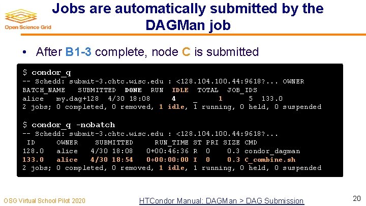Jobs are automatically submitted by the DAGMan job • After B 1 -3 complete,