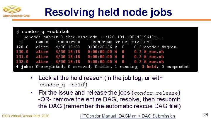 Resolving held node jobs $ condor_q -nobatch -- Schedd: submit-3. chtc. wisc. edu :