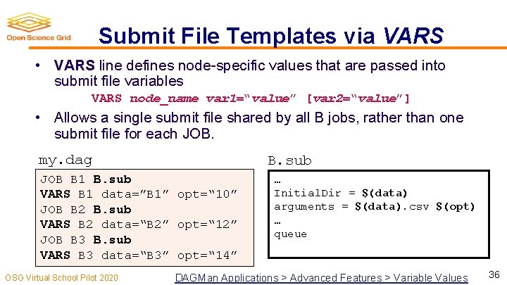 Submit File Templates via VARS • VARS line defines node-specific values that are passed