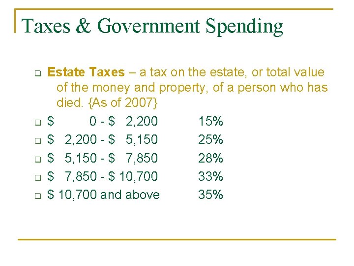Taxes & Government Spending q q q Estate Taxes – a tax on the Taxes & Government Spending q q q Estate Taxes – a tax on the