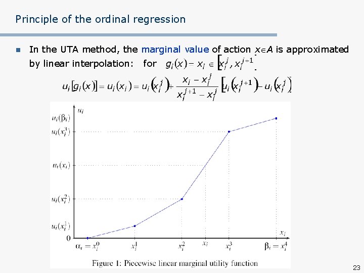Principle of the ordinal regression n In the UTA method, the marginal value of