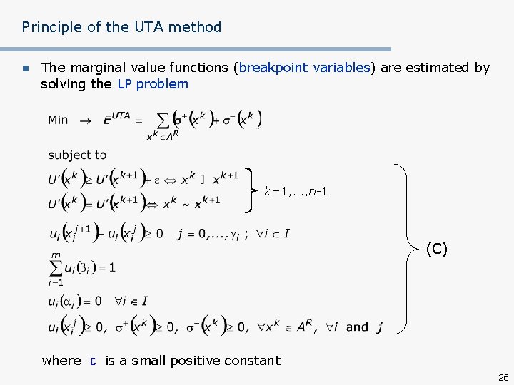 Principle of the UTA method n The marginal value functions (breakpoint variables) are estimated