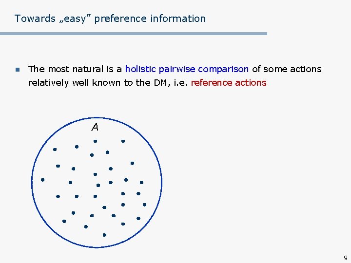 Towards „easy” preference information n The most natural is a holistic pairwise comparison of