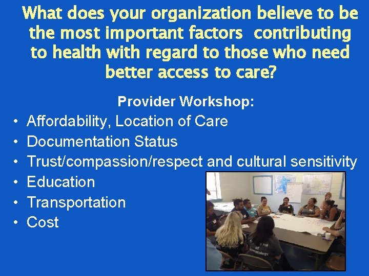 What does your organization believe to be the most important factors contributing to health