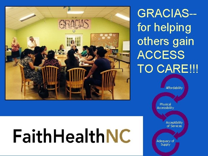 GRACIAS-for helping others gain ACCESS TO CARE!!! Affordability Physical Accessibility Acceptibility of Services Adequacy