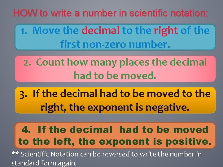 HOW to write a number in scientific notation: 1. Move the decimal to the