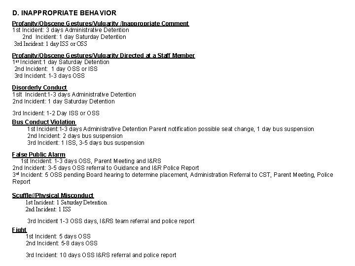 D. INAPPROPRIATE BEHAVIOR Profanity/Obscene Gestures/Vulgarity /Inappropriate Comment 1 st Incident: 3 days Administrative Detention