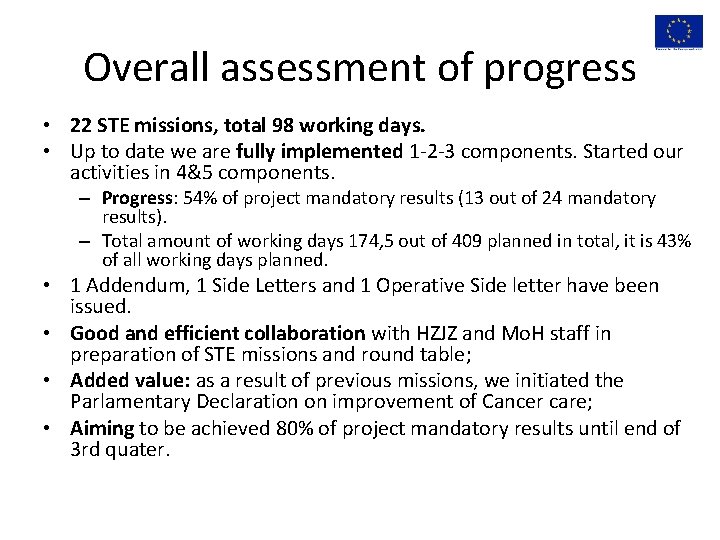 Overall assessment of progress • 22 STE missions, total 98 working days. • Up