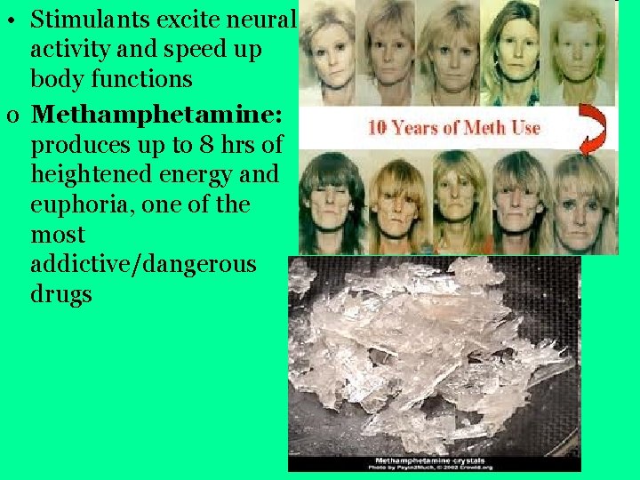  • Stimulants excite neural activity and speed up body functions o Methamphetamine: produces